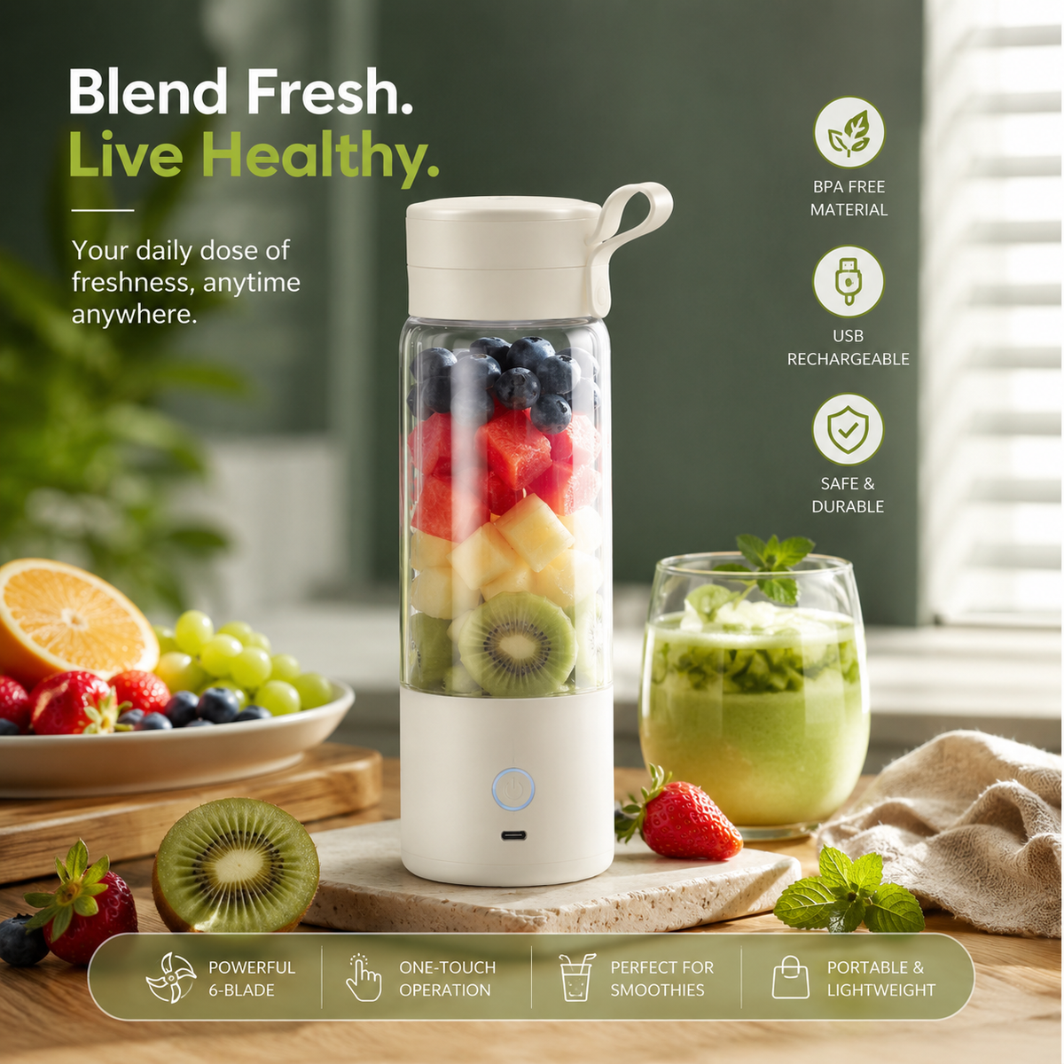Portable Electric Juicer Cup with 6 Blades USB Mini Milkshake Blender Fresh Fruit Milk Mixing Tool for On-the-Go