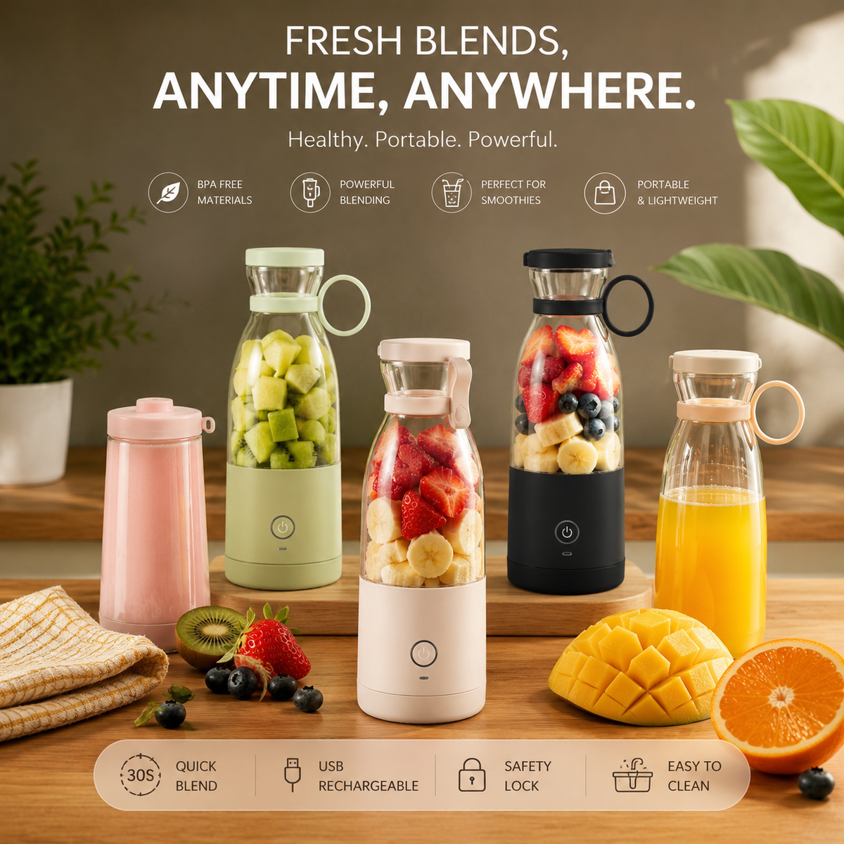 Portable Electric Juicer Cup with 6 Blades USB Mini Milkshake Blender Fresh Fruit Milk Mixing Tool for On-the-Go