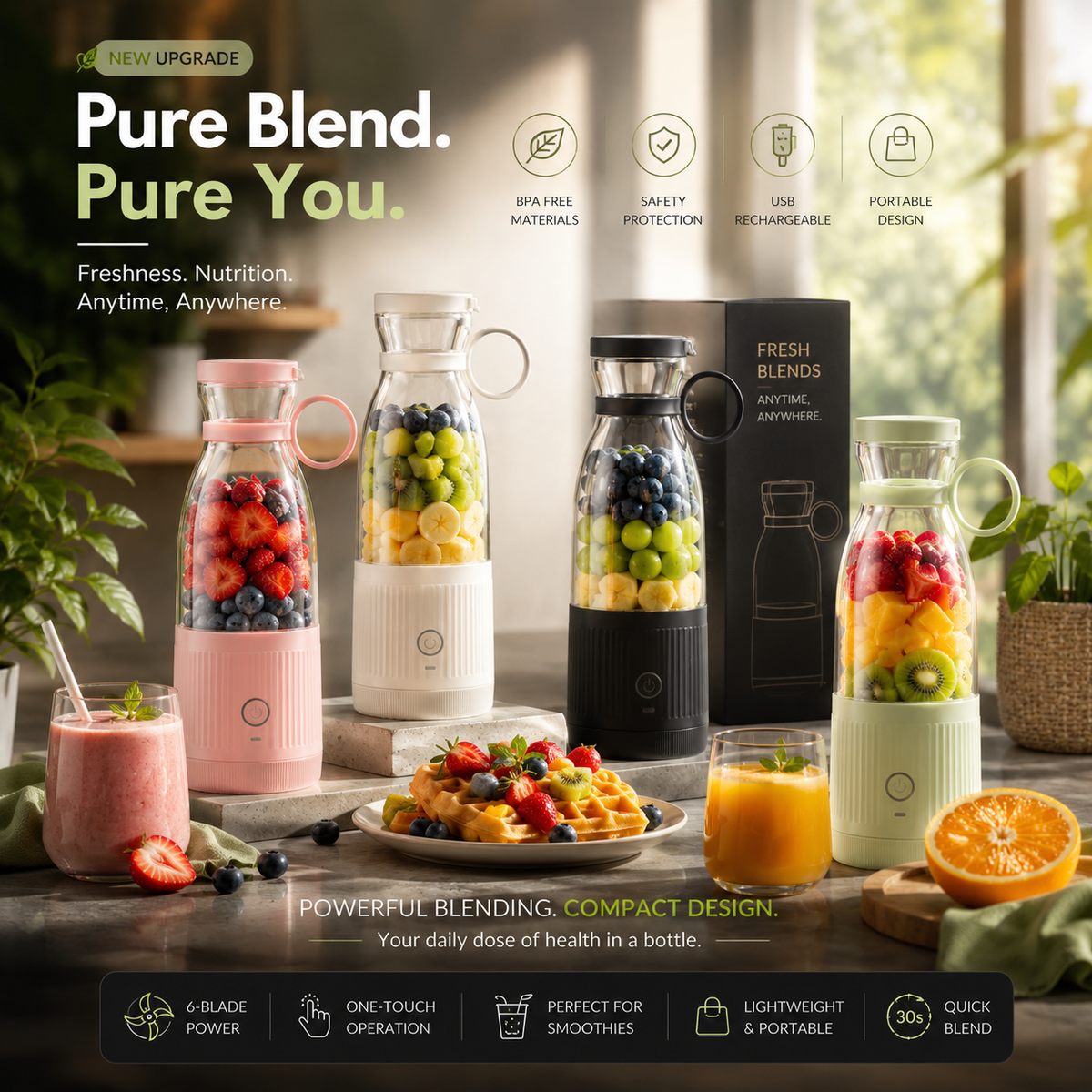 Portable Electric Juicer Cup with 6 Blades USB Mini Milkshake Blender Fresh Fruit Milk Mixing Tool for On-the-Go